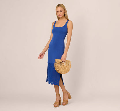 Crochet Trimmed Sheath Midi Dress With Tank Straps In Cobalt
