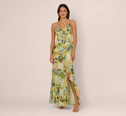 Sleeveless Floral Chiffon Ruffle Cascade Gown In Green Multi