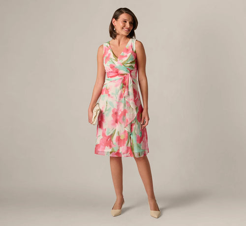 Sleeveless Draped Floral Chiffon Midi Sheath Dress In Coral Green Multi