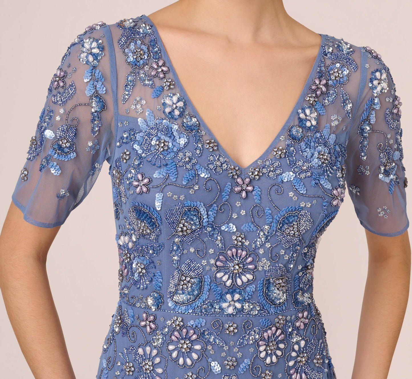 3D Floral Beaded Mermaid Gown With Sheer Short Sleeves In French Blue