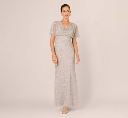 Short Sleeve Diamond Beaded Cowl Gown In Crystal Silver