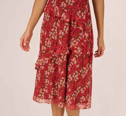 Flutter Sleeve Boat Neck Floral Chiffon Midi Dress In Mocha Multi