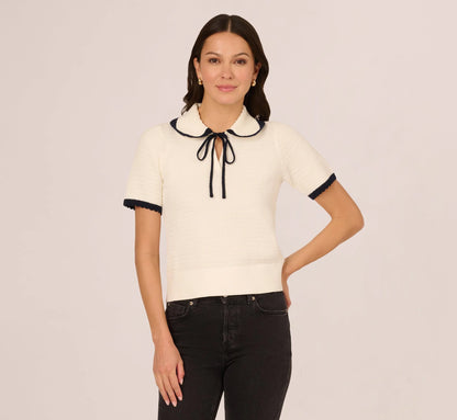 Short Sleeve Collared Cotton Crochet Top In Ivory Blue Moon