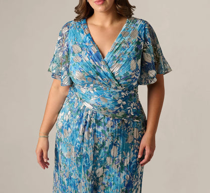 Plus Size Flutter Sleeve Crinkle Foil Floral Gown In Blue Multi