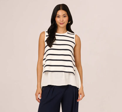 Tie Back Twofer Tank Sweater In Ivory Navy W  Ivory
