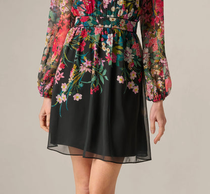 Long Sleeve Wildflower Print Short Dress In Black Multi