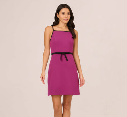 Sleeveless Contrast Tipped Short Crepe Dress In Plum Berry