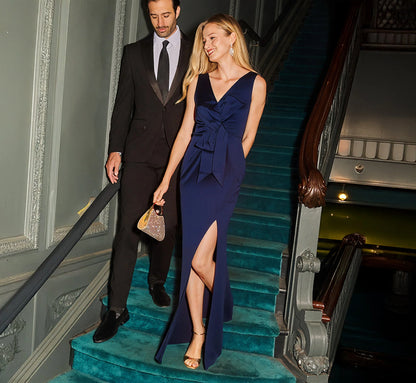 Sleeveless Taffeta Bow Gown In Antique Blue