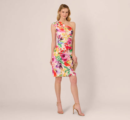 One Shoulder Rosette Floral Sheath Dress In Pink Multi