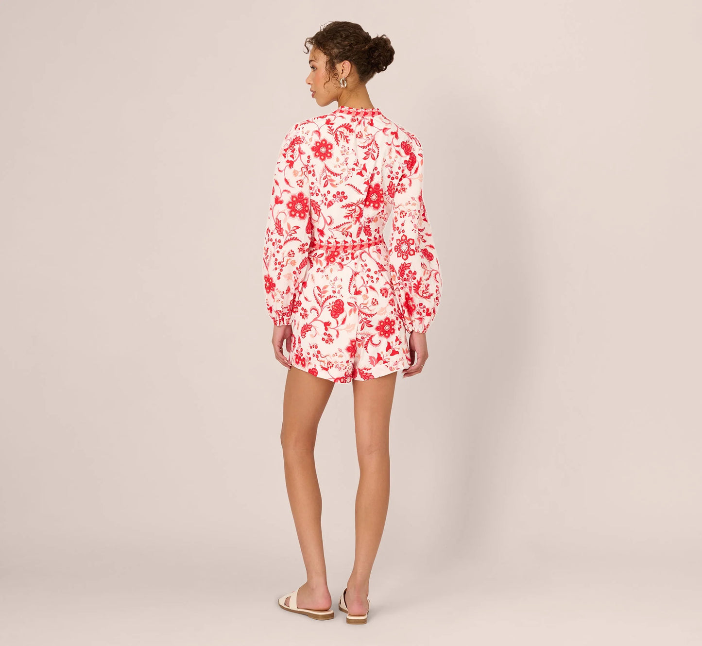 Long Sleeve Tie Front Floral Romper In White Coral Multi
