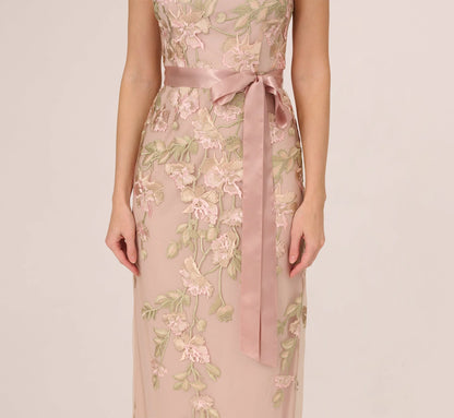 Short Sleeve Floral Embroidered Gown With Ribbon Tie Waist In Blush Nude Multi