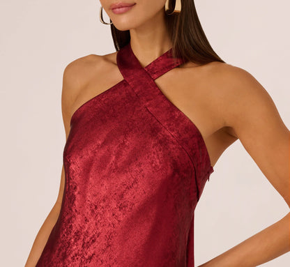 Foiled Mermaid Gown With Halter Neckline In Wine