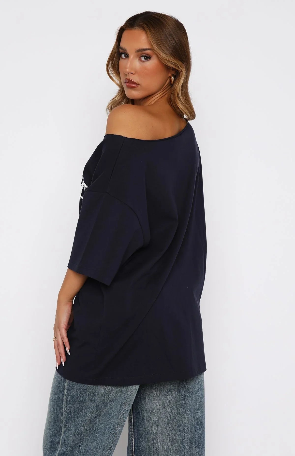 Everything In Time Off Shoulder Oversized Tee Navy