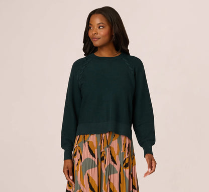 Long Sleeve Laced Raglan Sweater In Forest Teal