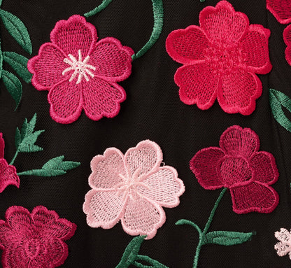 Floral Embroidered Flounce Dress With Sheer Short Sleeves In Black Berry
