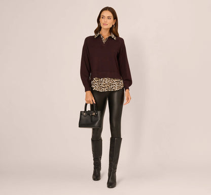 Long Sleeve Collared Printed Twover Sweater In Brownie W  Bengal Cheetah