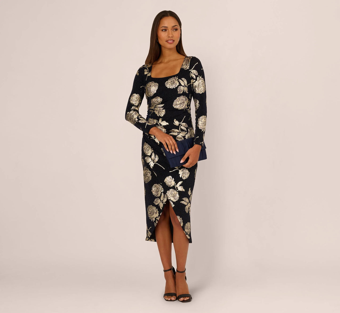 Long Sleeve Stretch Metallic Rose Floral Midi Dress In Navy Gold