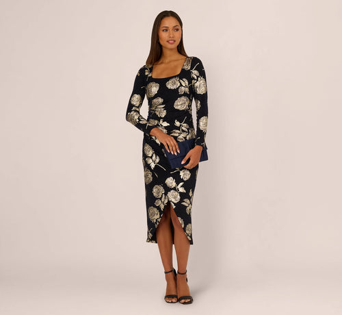 Long Sleeve Stretch Metallic Rose Floral Midi Dress In Navy Gold