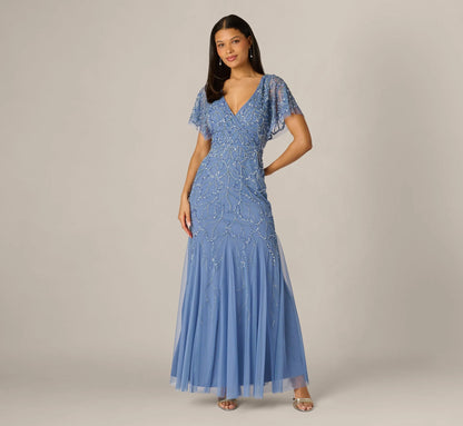 Flutter Sleeve Surplice Beaded Gown In French Blue