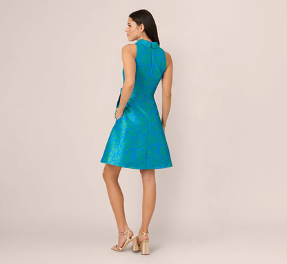 Sleeveless Printed Tie Front Short Dress In Blue Green