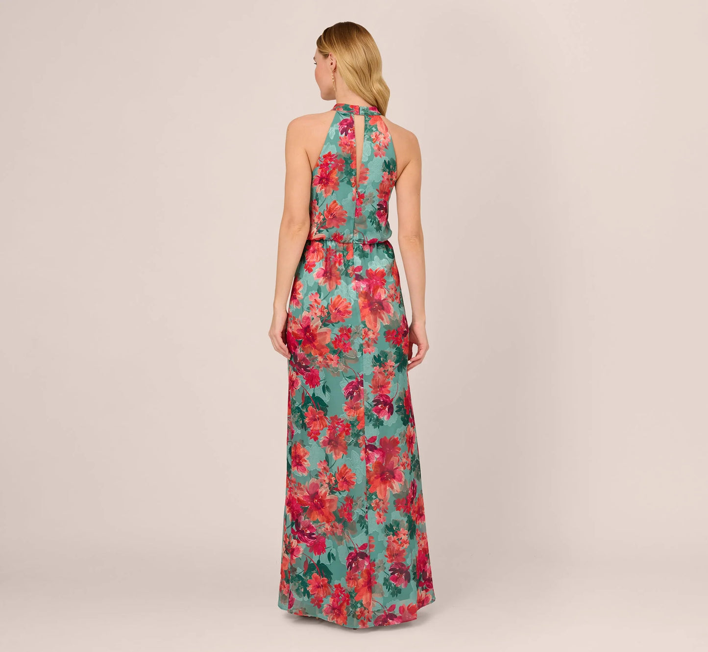 Floral Printed Halter Mermaid Gown With Ruffle Details In Turquoise Multi