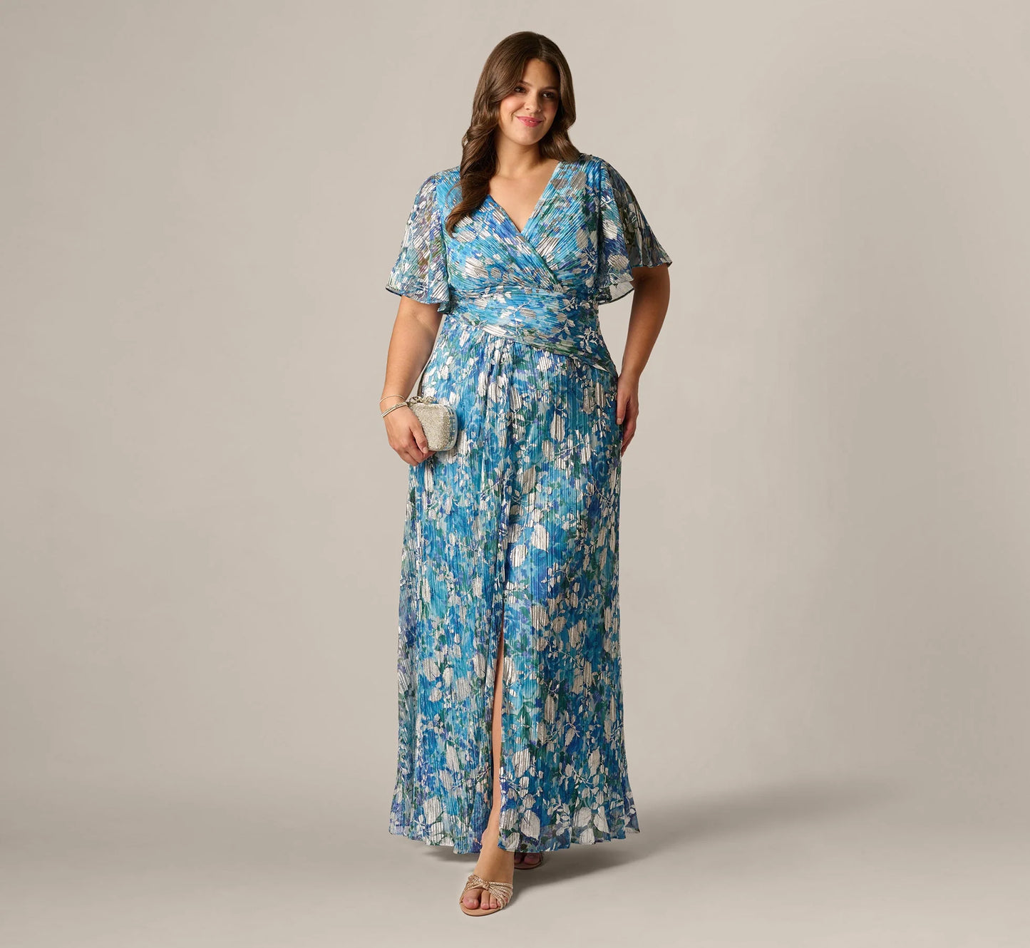 Plus Size Flutter Sleeve Crinkle Foil Floral Gown In Blue Multi