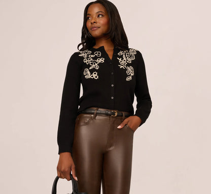 Floral Embroidered Cardigan Sweater In Black Cream