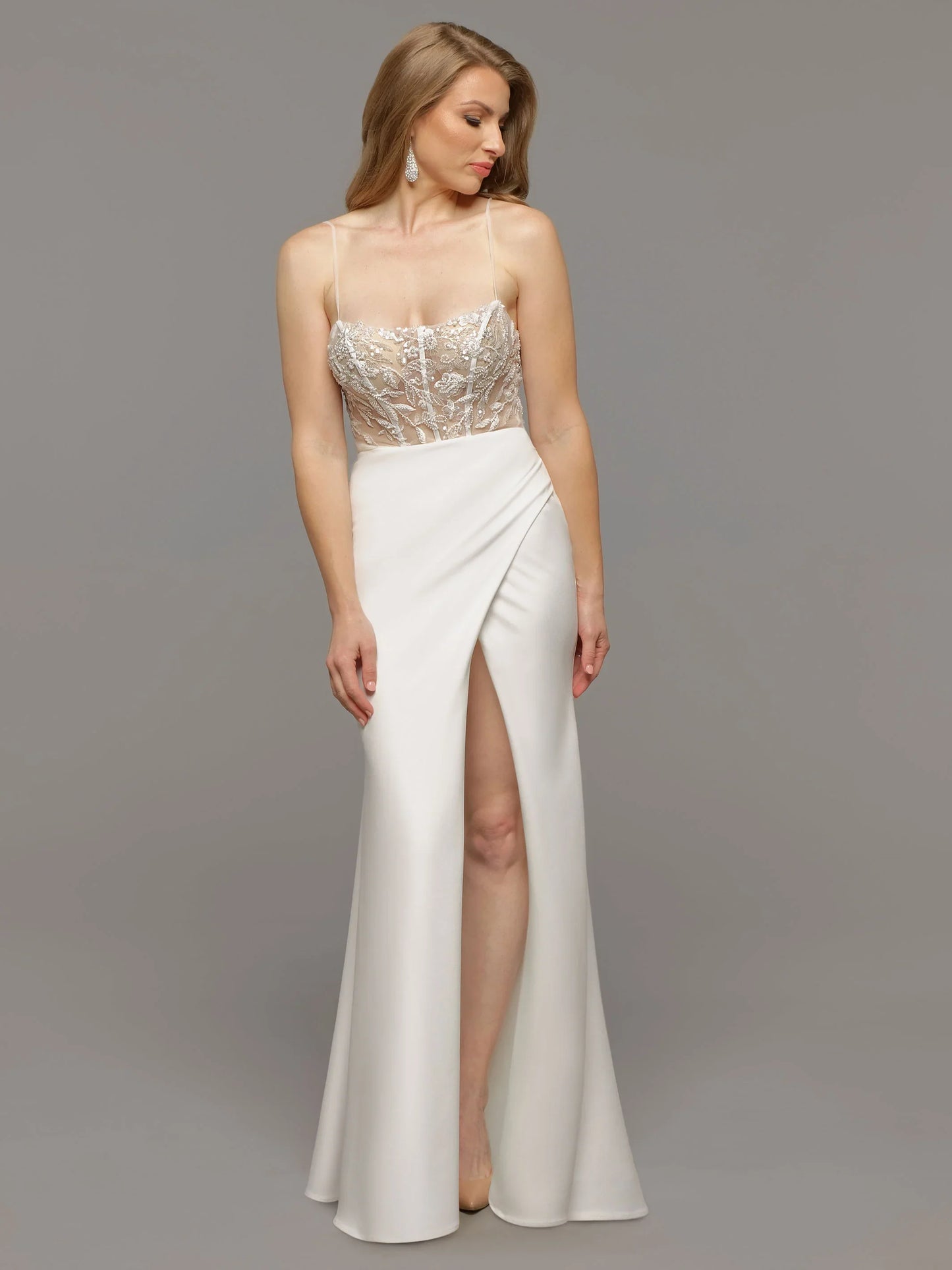 ILLUSION BODICE FIT AND FLARE WEDDING DRESS