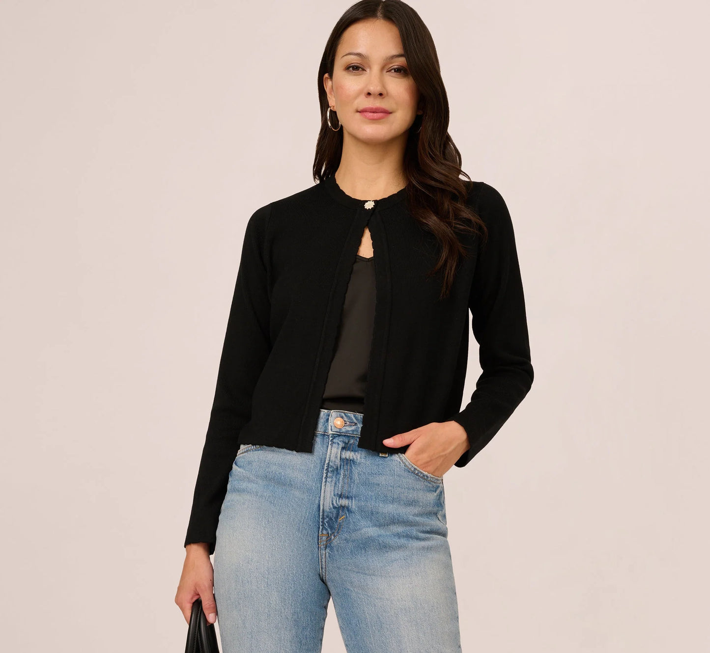Long Sleeve One Button Cardigan Sweater In Black