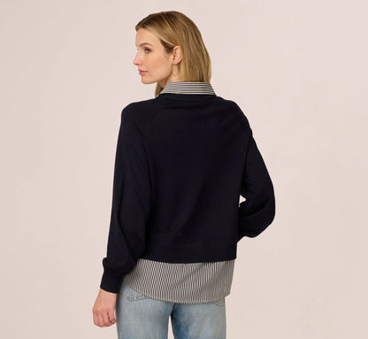 Long Sleeve Collared Printed Twover Sweater In Navy W  Navy Small Stripe