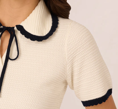 Short Sleeve Collared Cotton Crochet Top In Ivory Blue Moon