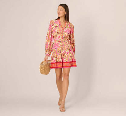 Long Sleeve Printed Short Flounce Dress In Pink Multi