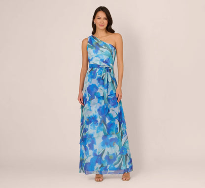 One Shoulder Tiered Floral Chiffon Gown In Blue Multi