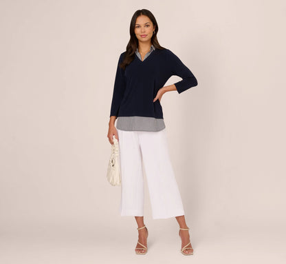 Three Quarter Sleeve Sweater With Button Down Accents In Navy W  Navy Ivry Small Stripe