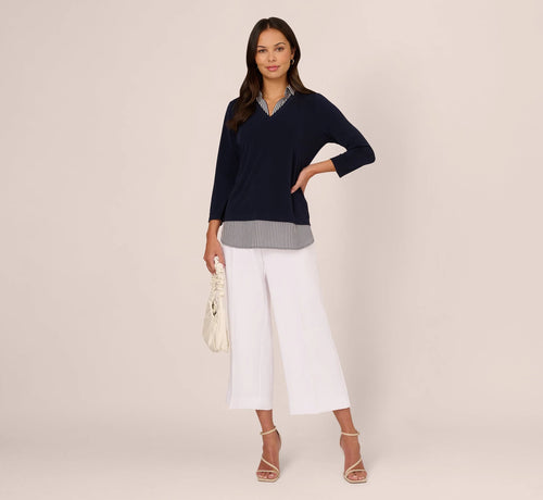 Three Quarter Sleeve Sweater With Button Down Accents In Navy W  Navy Ivry Small Stripe