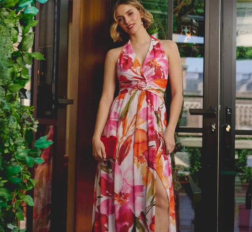 Sleeveless Surplice Floral Chiffon Gown In Pink Orange Multi