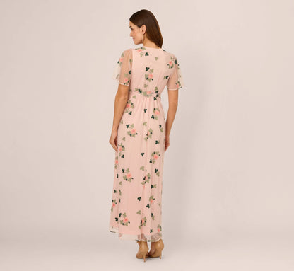 Floral Embroidered Maxi Dress With Sheer Flutter Sleeves In Blush Multi