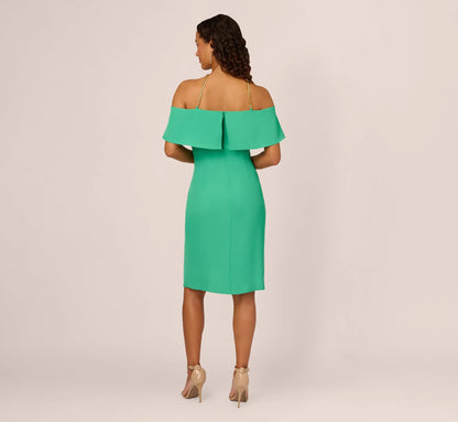 Ruffle Popover Midi Dress With Chain Halter Neckline In Flora Green