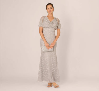 Short Sleeve Diamond Beaded Cowl Gown In Crystal Silver