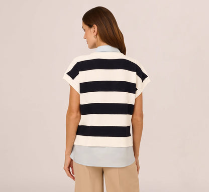 Striped Sweater Vest Cap Sleeve Collared Twofer Shirt In Navy Ivory Stripe W  Chambray