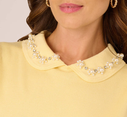 Puff Sleeve Beaded Peter Pan Collar Top In Pastel Yellow
