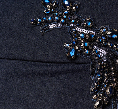 Bead Accent Crepe Halter Gown In Midnight