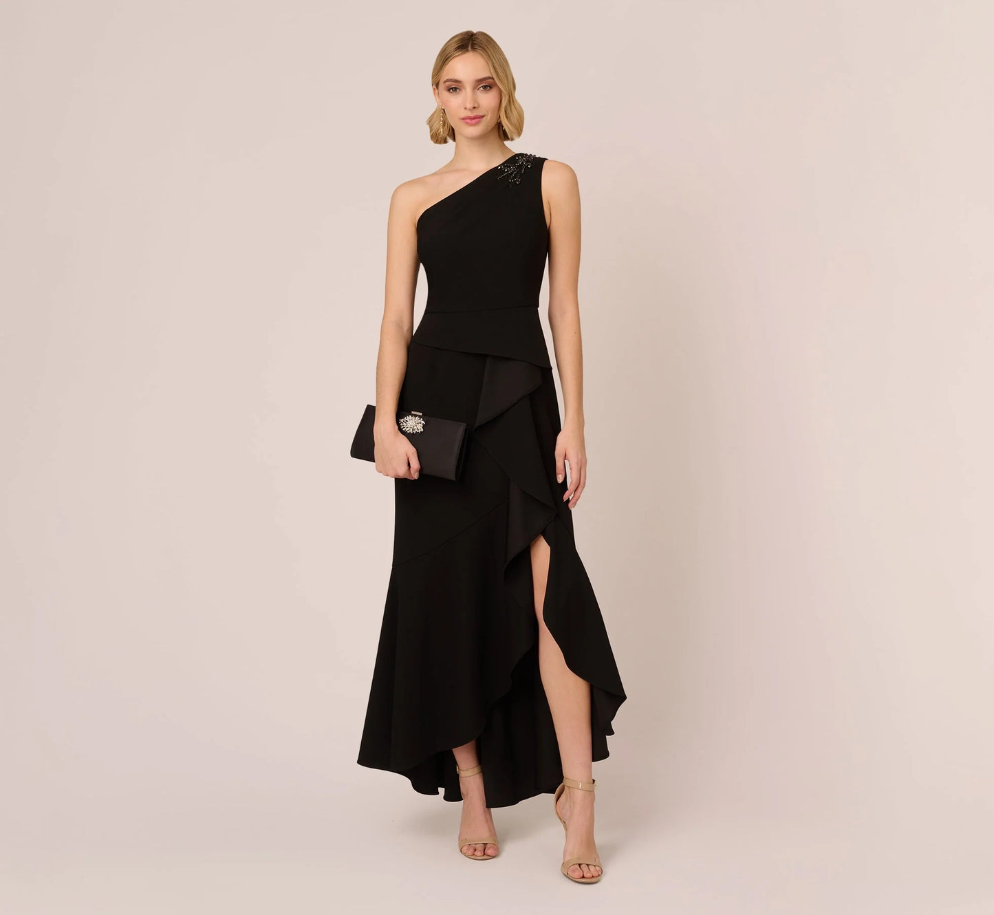 One Shoulder Ruffled Crepe Gown With Beaded Accent In Black