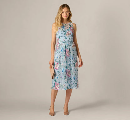Sequin Beaded Floral Embroidery Illusion Midi Dress In Blue Multi