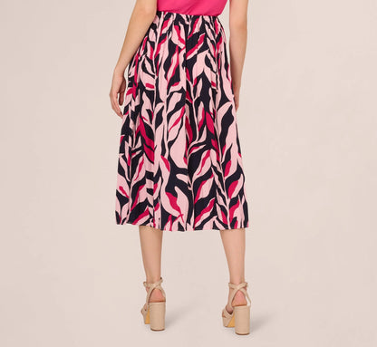 Leaf Print A Line Midi Skirt In Navy Leaf Vine