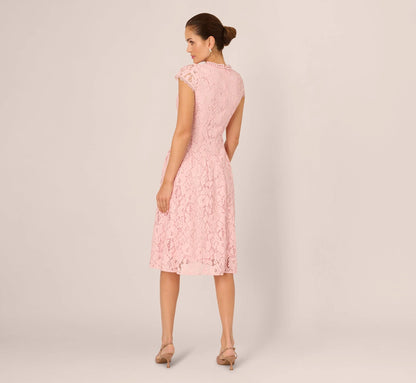 Cap Sleeve Pearly Lace Midi Dress In Blush Whisper
