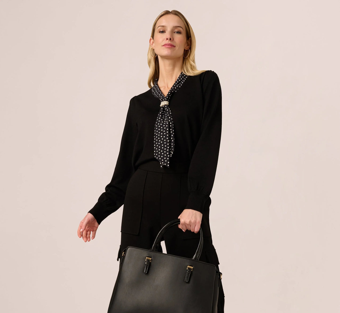 Long Sleeve Satin Neck Tie Sweater In Black W  Black Cream Dot