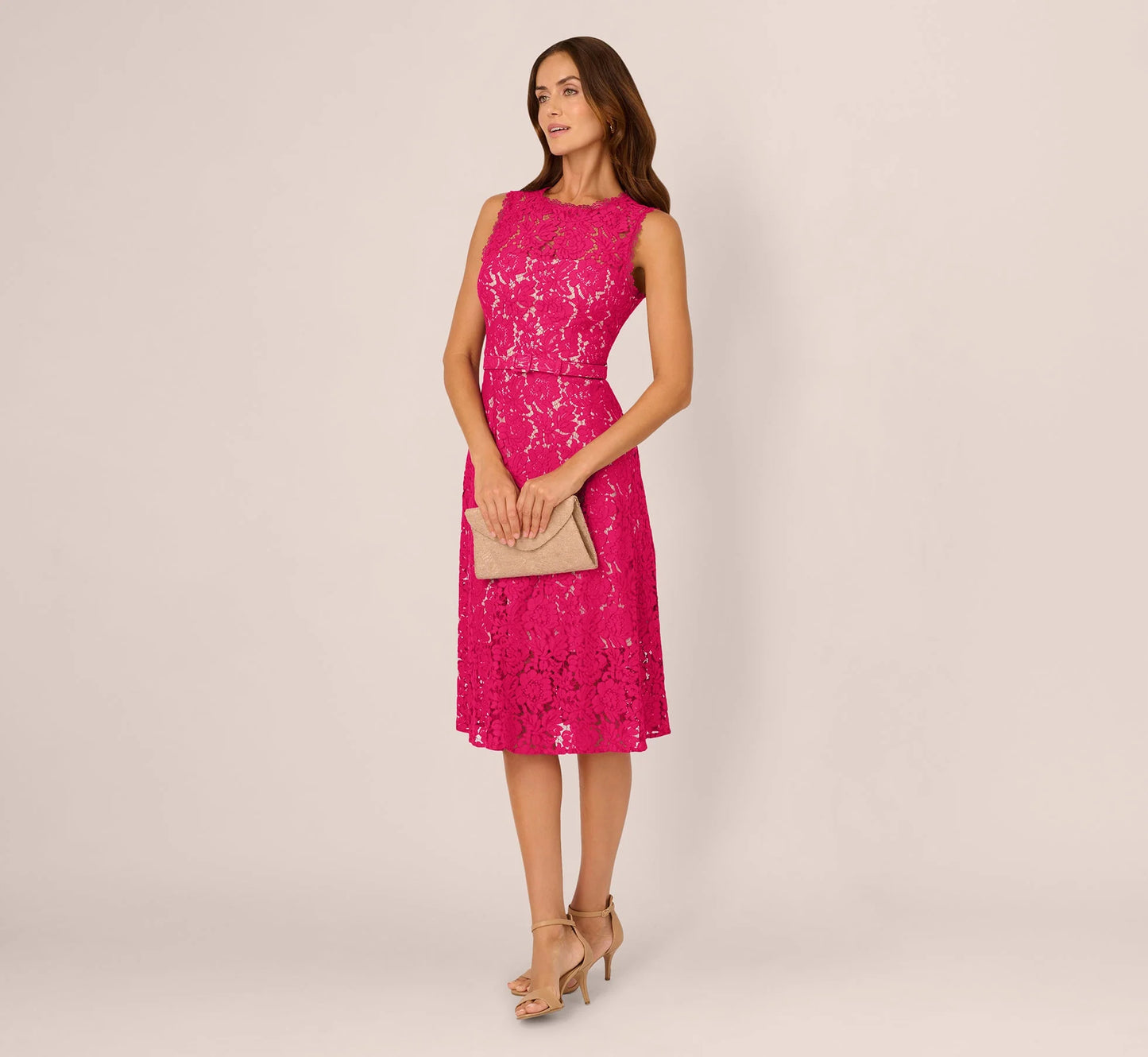 Sleeveless Lace Fit And Flare Dress With Sheer Details In Tropical Pink