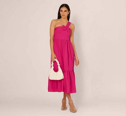 One Shoulder Floral Applique Cotton Midi Dress In Pink