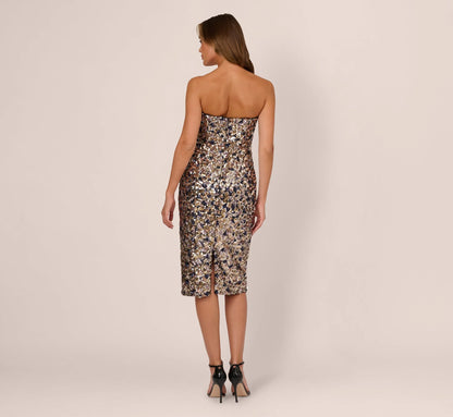 Strapless Sequin Midi Sheath Dress In Multi